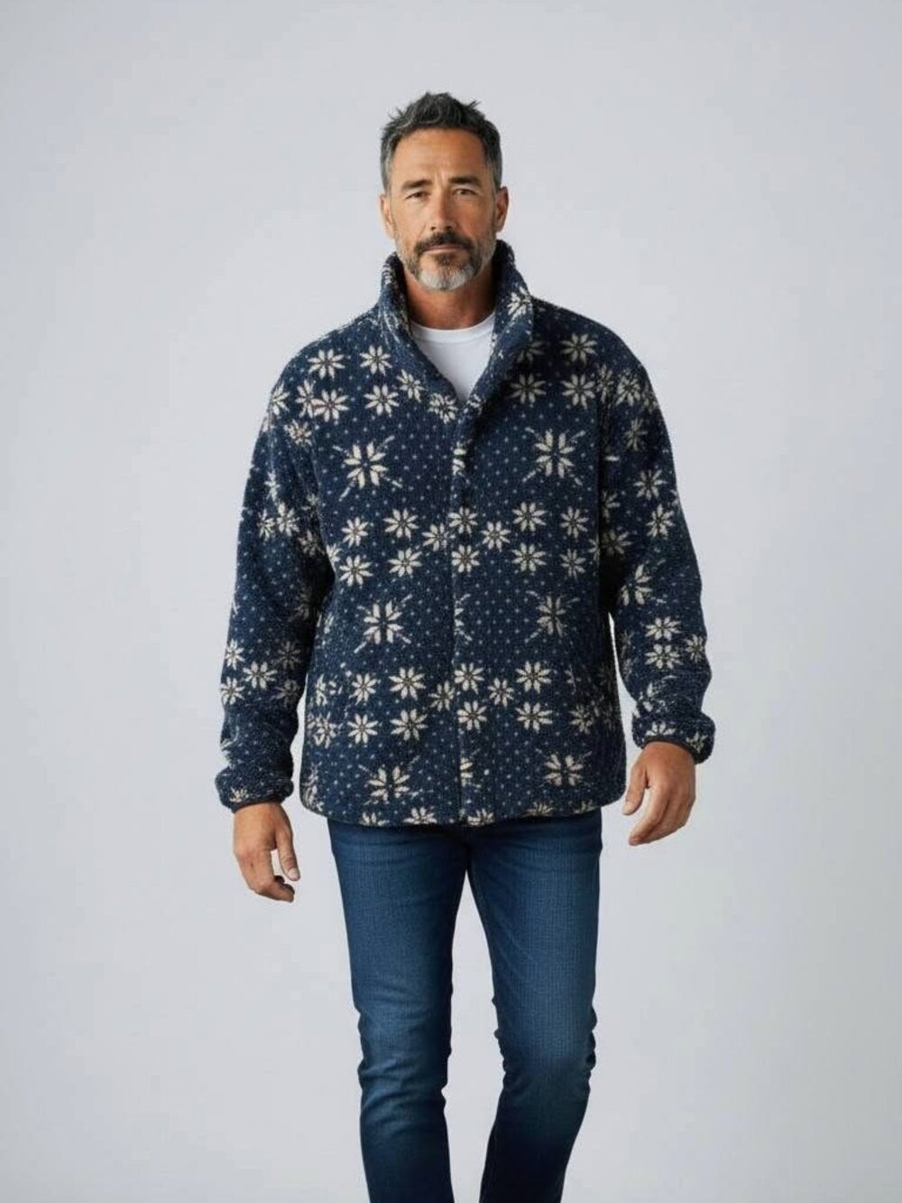 Vintage L.L.Bean Men's/ Unisex Navy Blue Snowflake Fleece Jacket Nordic Winter